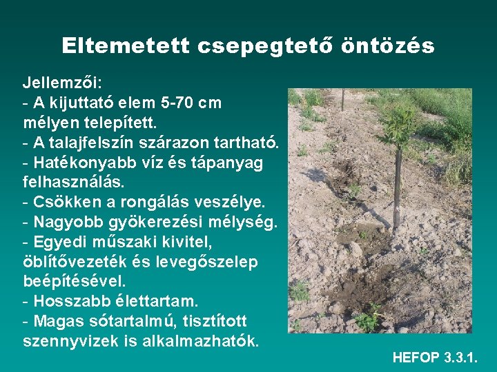 Eltemetett csepegtető öntözés Jellemzői: - A kijuttató elem 5 -70 cm mélyen telepített. -