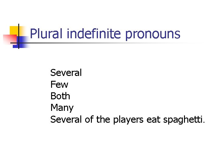 Plural indefinite pronouns Several Few Both Many Several of the players eat spaghetti. 