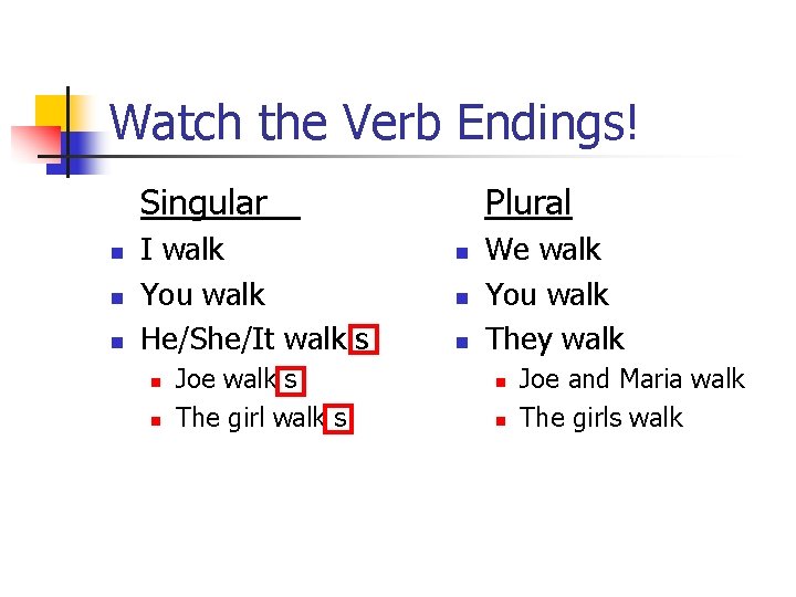 Watch the Verb Endings! Singular n n n I walk You walk He/She/It walk