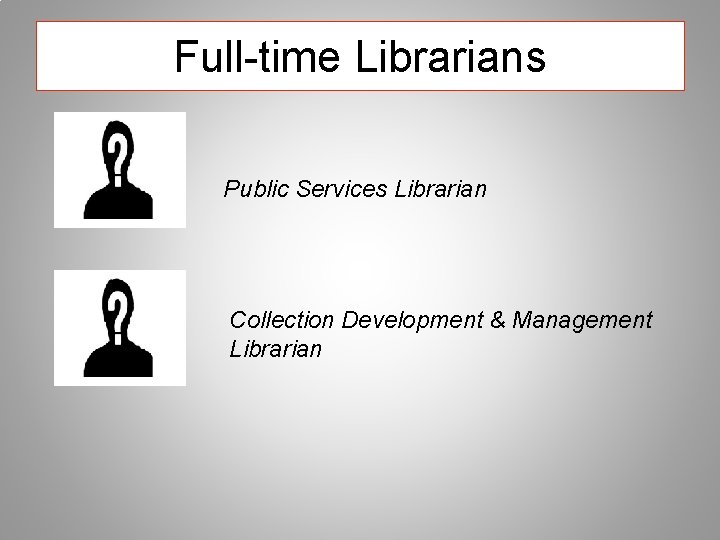 Full-time Librarians Public Services Librarian Collection Development & Management Librarian 