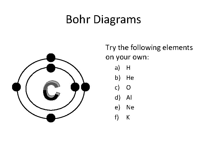 Bohr Diagrams Try the following elements on your own: C a) b) c) d)