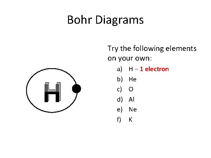 Bohr Diagrams Try the following elements on your own: H a) b) c) d)