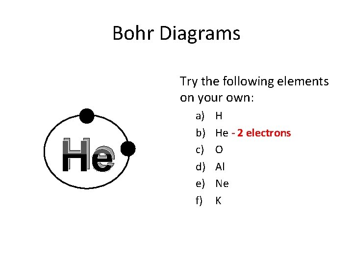 Bohr Diagrams Try the following elements on your own: He a) b) c) d)