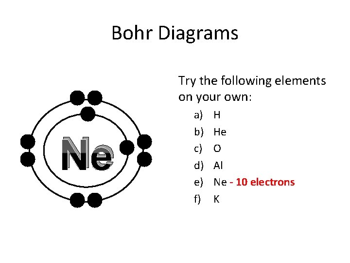Bohr Diagrams Try the following elements on your own: Ne a) b) c) d)