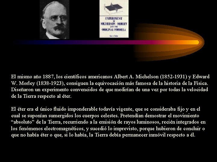 El mismo año 1887, los científicos americanos Albert A. Michelson (1852 -1931) y Edward