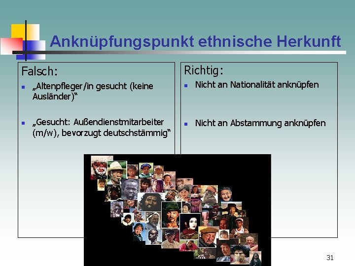 Anknüpfungspunkt ethnische Herkunft Richtig: Falsch: n n „Altenpfleger/in gesucht (keine Ausländer)“ „Gesucht: Außendienstmitarbeiter (m/w),