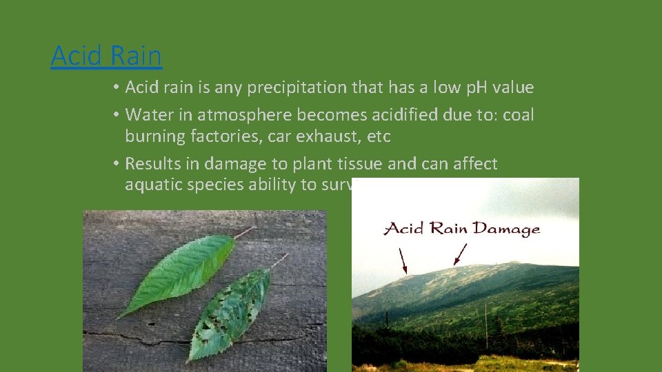 Acid Rain • Acid rain is any precipitation that has a low p. H