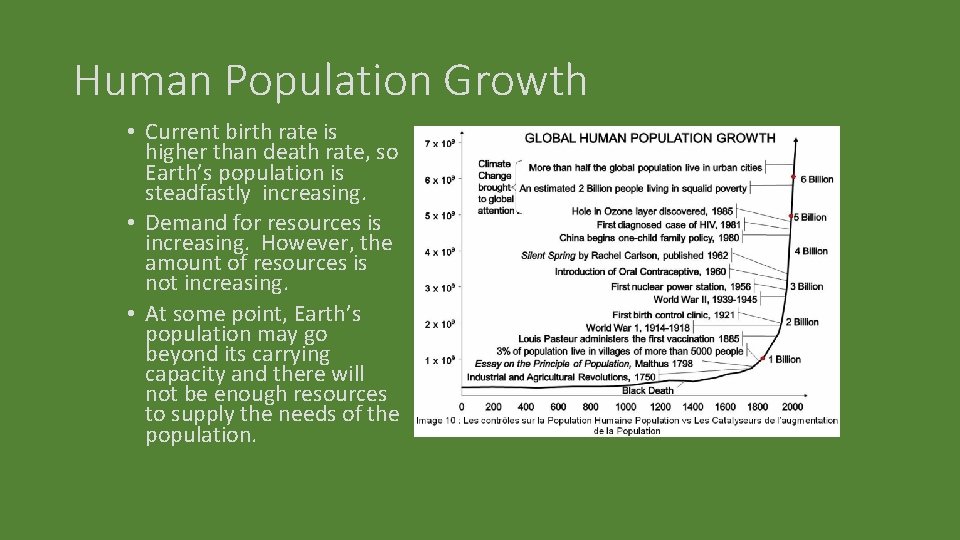 Human Population Growth • Current birth rate is higher than death rate, so Earth’s