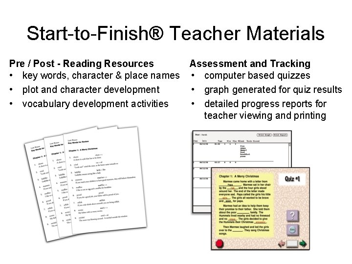 Start-to-Finish® Teacher Materials Pre / Post - Reading Resources Assessment and Tracking • key