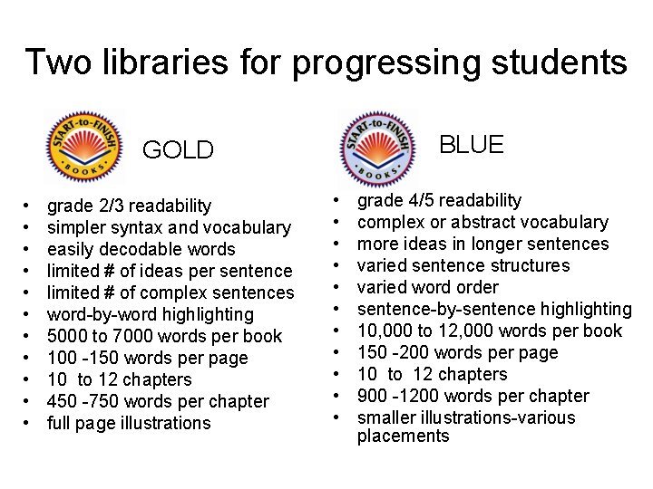 Two libraries for progressing students BLUE GOLD • • • grade 2/3 readability simpler
