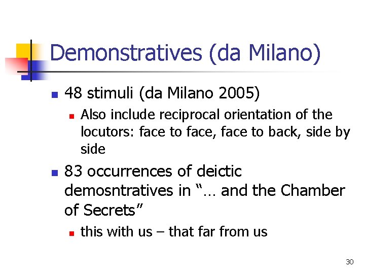 Demonstratives (da Milano) n 48 stimuli (da Milano 2005) n n Also include reciprocal