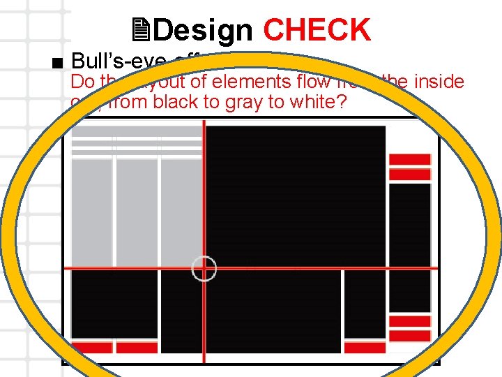 2 Design CHECK ■ Bull’s-eye effect Do the layout of elements flow from the