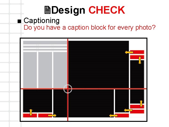 2 Design CHECK ■ Captioning Do you have a caption block for every photo?