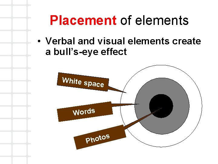 Placement of elements • Verbal and visual elements create a bull’s-eye effect White sp