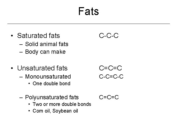 Fats • Saturated fats C-C-C – Solid animal fats – Body can make •