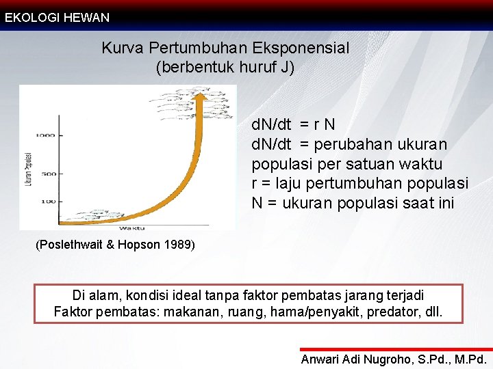 EKOLOGI HEWAN Kurva Pertumbuhan Eksponensial (berbentuk huruf J) d. N/dt = r N d.