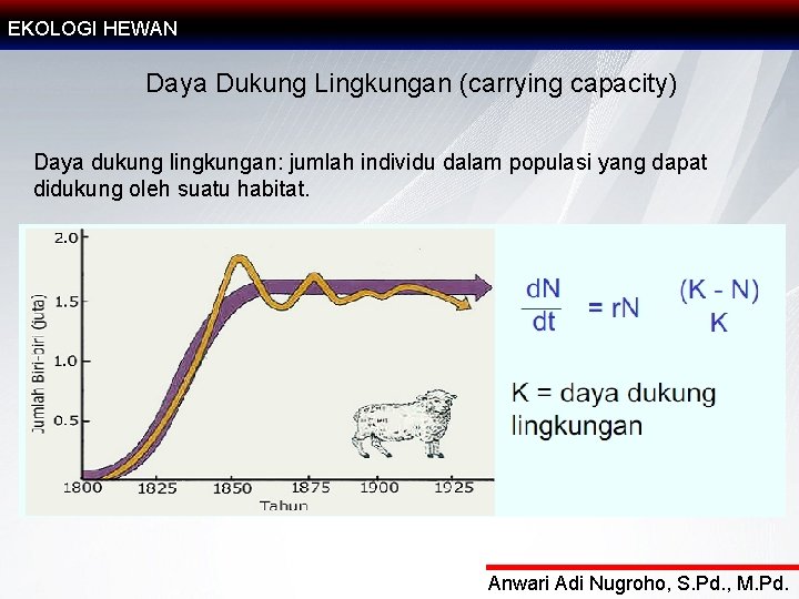 EKOLOGI HEWAN Daya Dukung Lingkungan (carrying capacity) Daya dukung lingkungan: jumlah individu dalam populasi