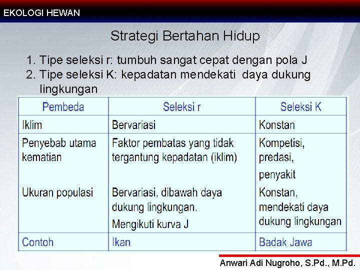 EKOLOGI HEWAN Strategi Bertahan Hidup 1. Tipe seleksi r: tumbuh sangat cepat dengan pola