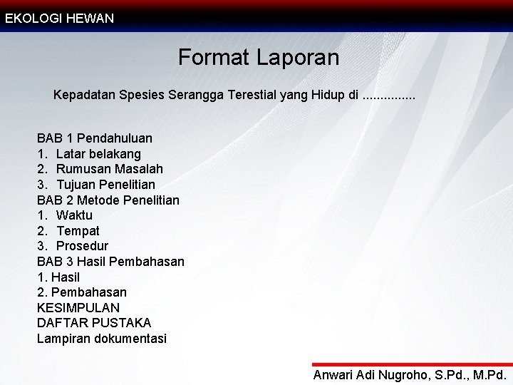 EKOLOGI HEWAN Format Laporan Kepadatan Spesies Serangga Terestial yang Hidup di. . . .