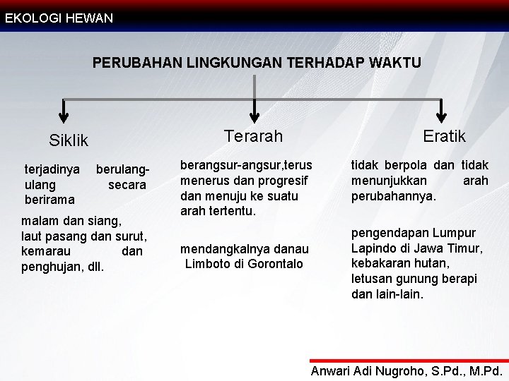 EKOLOGI HEWAN PERUBAHAN LINGKUNGAN TERHADAP WAKTU Terarah Siklik terjadinya ulang berirama berulangsecara malam dan