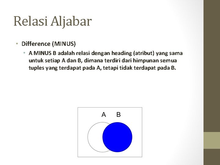 Relasi Aljabar • Difference (MINUS) • A MINUS B adalah relasi dengan heading (atribut)
