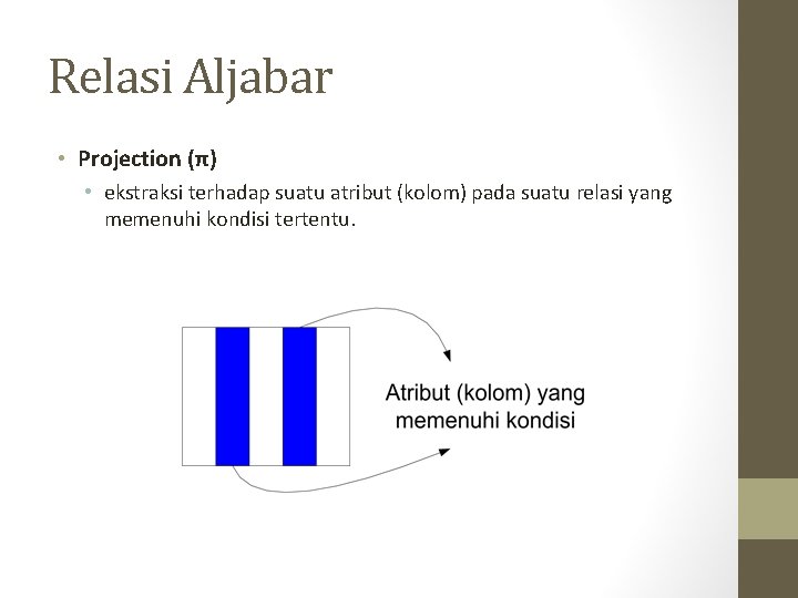Relasi Aljabar • Projection (π) • ekstraksi terhadap suatu atribut (kolom) pada suatu relasi