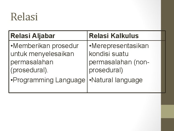 Relasi Aljabar • Memberikan prosedur untuk menyelesaikan permasalahan (prosedural). • Programming Language Relasi Kalkulus