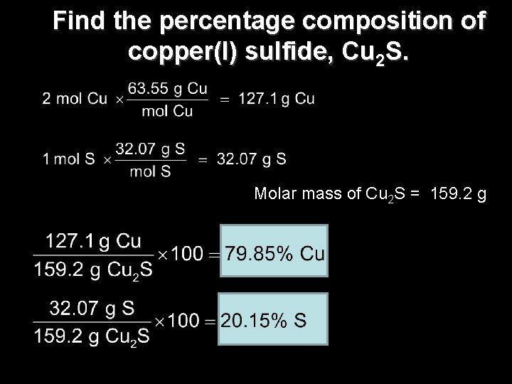 Find the percentage composition of copper(I) sulfide, Cu 2 S. Molar mass of Cu