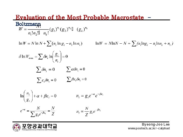 Evaluation of the Most Probable Macrostate – Boltzmann Byeong-Joo Lee www. postech. ac. kr/~calphad