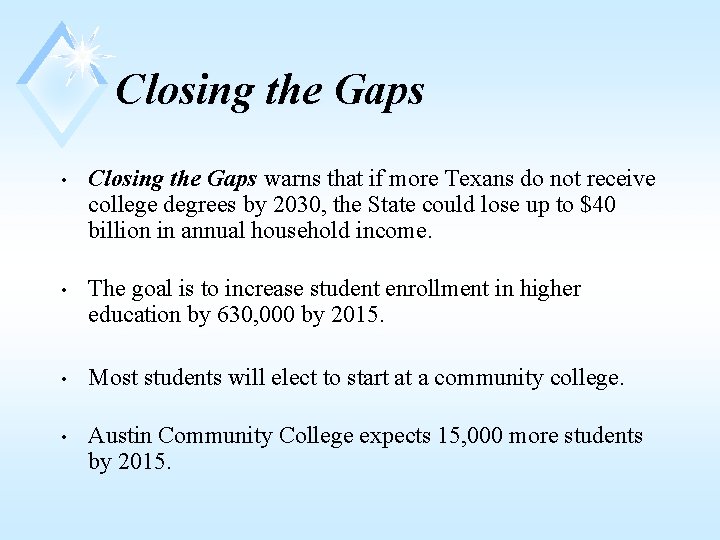 Closing the Gaps • Closing the Gaps warns that if more Texans do not