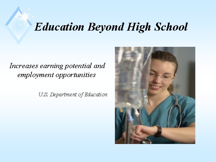 Education Beyond High School Increases earning potential and employment opportunities U. S. Department of