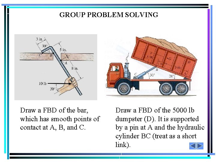 GROUP PROBLEM SOLVING Draw a FBD of the bar, which has smooth points of