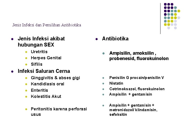 Jenis Infeksi dan Pemilihan Antibiotika l Jenis Infeksi akibat hubungan SEX l l Uretritis