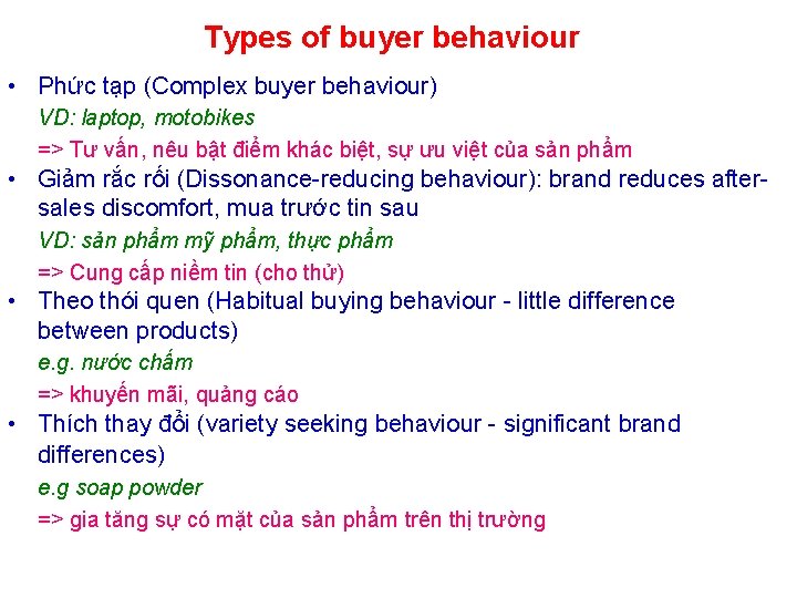 Types of buyer behaviour • Phức tạp (Complex buyer behaviour) VD: laptop, motobikes =>