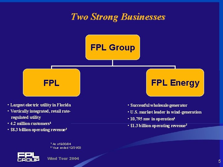 Two Strong Businesses FPL Group FPL • Largest electric utility in Florida • Vertically