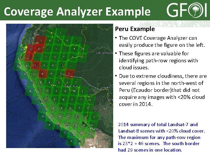 Coverage Analyzer Example Peru Example • The COVE Coverage Analyzer can easily produce the