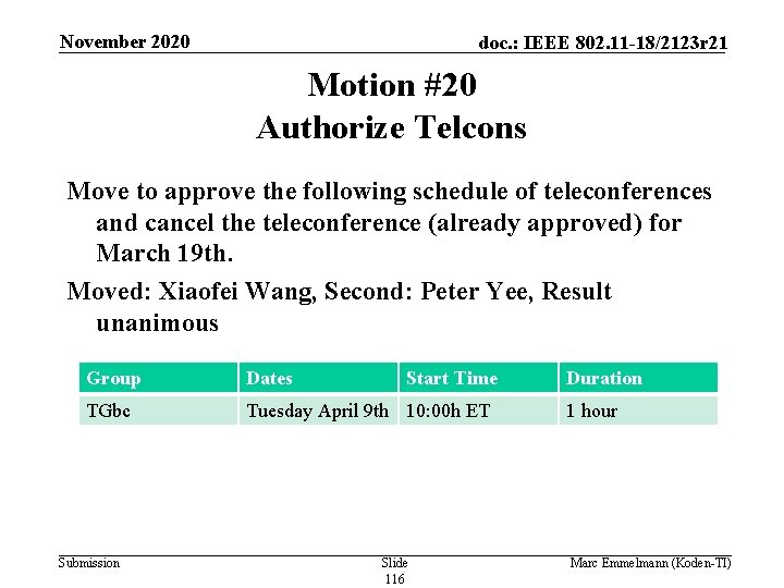 November 2020 doc. : IEEE 802. 11 -18/2123 r 21 Motion #20 Authorize Telcons