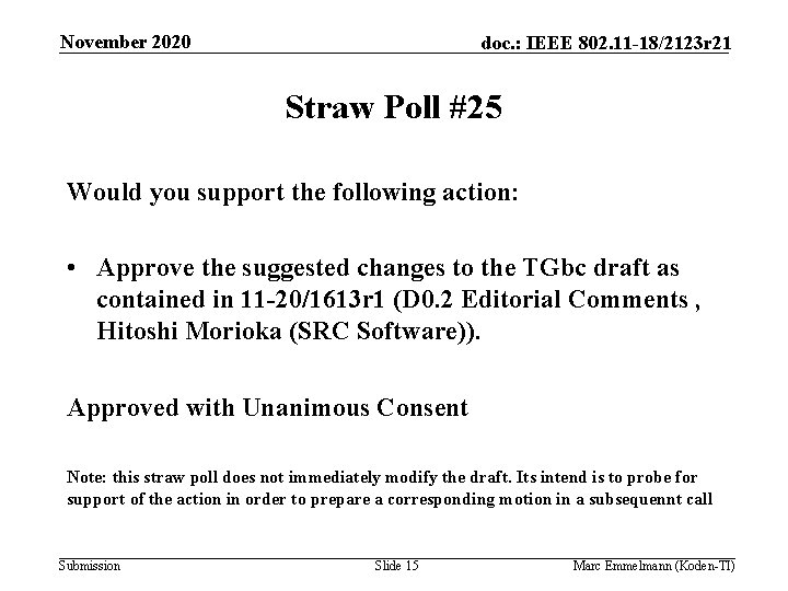 November 2020 doc. : IEEE 802. 11 -18/2123 r 21 Straw Poll #25 Would