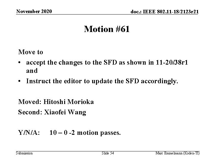 November 2020 doc. : IEEE 802. 11 -18/2123 r 21 Motion #61 Move to