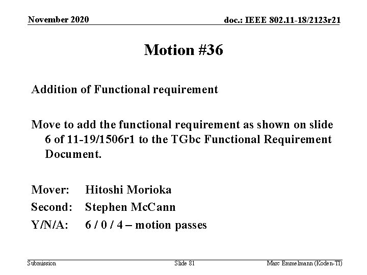 November 2020 doc. : IEEE 802. 11 -18/2123 r 21 Motion #36 Addition of