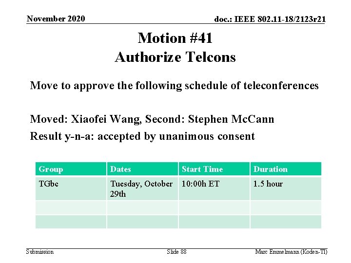 November 2020 doc. : IEEE 802. 11 -18/2123 r 21 Motion #41 Authorize Telcons