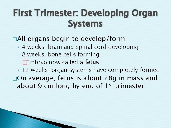 First Trimester: Developing Organ Systems � All organs begin to develop/form ◦ 4 weeks: First Trimester: Developing Organ Systems � All organs begin to develop/form ◦ 4 weeks: