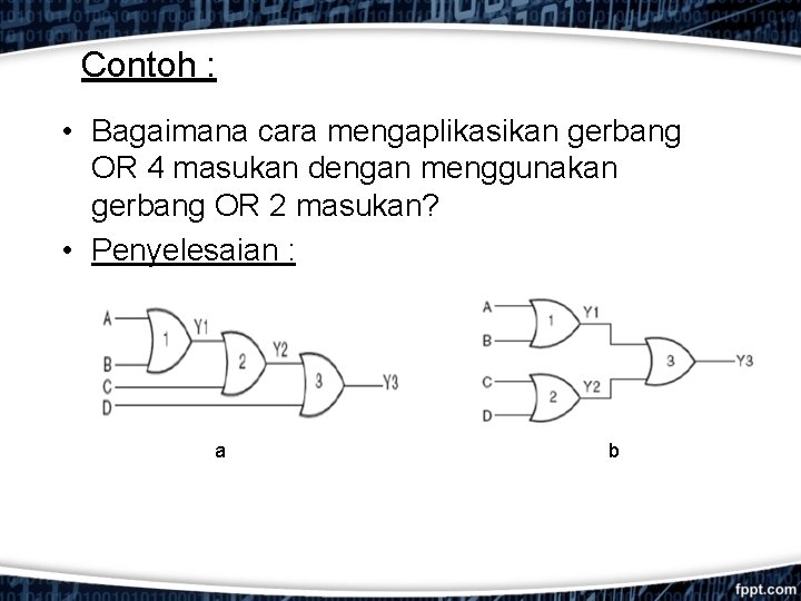 Contoh : • Bagaimana cara mengaplikasikan gerbang OR 4 masukan dengan menggunakan gerbang OR