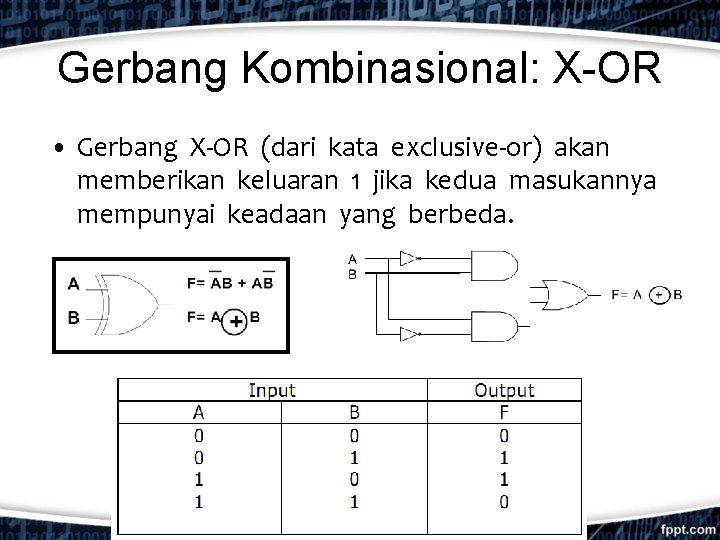 Gerbang Kombinasional: X-OR • Gerbang X-OR (dari kata exclusive-or) akan memberikan keluaran 1 jika