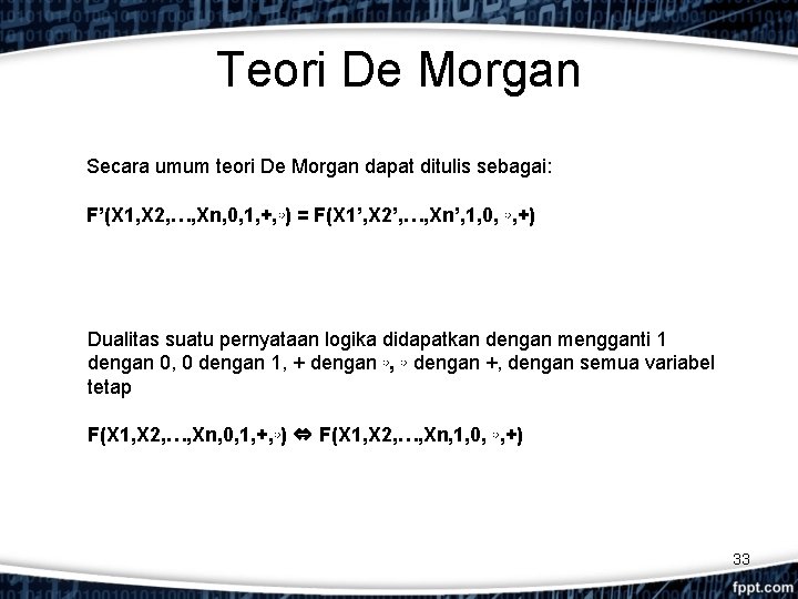 Teori De Morgan Secara umum teori De Morgan dapat ditulis sebagai: F’(X 1, X