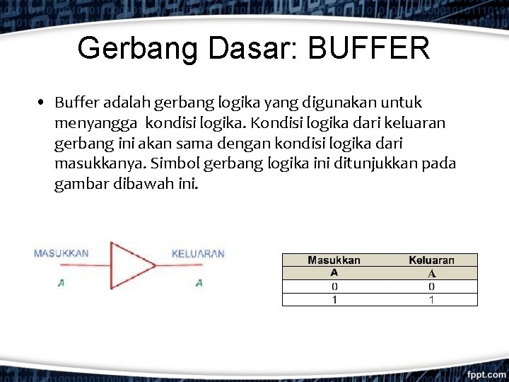 Gerbang Dasar: BUFFER • Buffer adalah gerbang logika yang digunakan untuk menyangga kondisi logika.