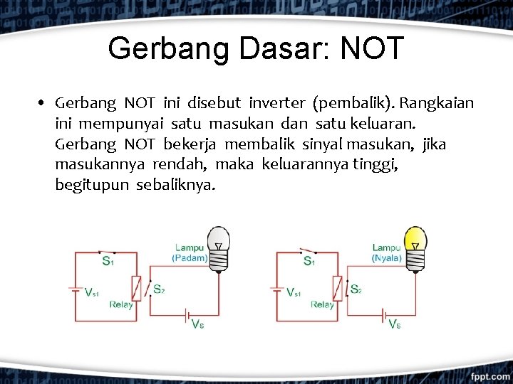 Gerbang Dasar: NOT • Gerbang NOT ini disebut inverter (pembalik). Rangkaian ini mempunyai satu