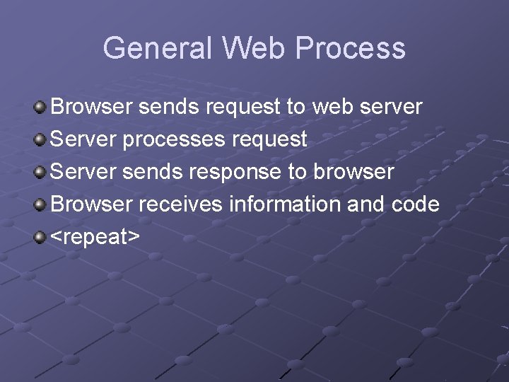 General Web Process Browser sends request to web server Server processes request Server sends General Web Process Browser sends request to web server Server processes request Server sends