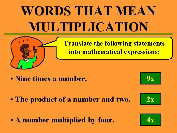 WORDS THAT MEAN MULTIPLICATION Translate the following statements into mathematical expressions: • Nine times