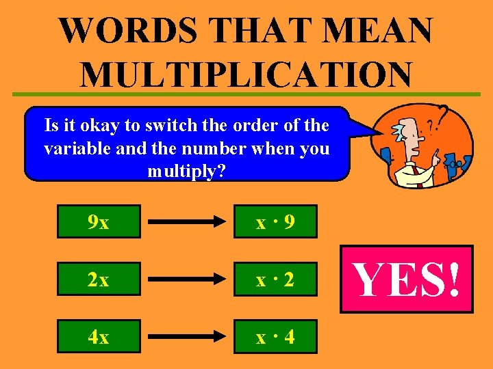 WORDS THAT MEAN MULTIPLICATION Is it okay to switch the order of the variable